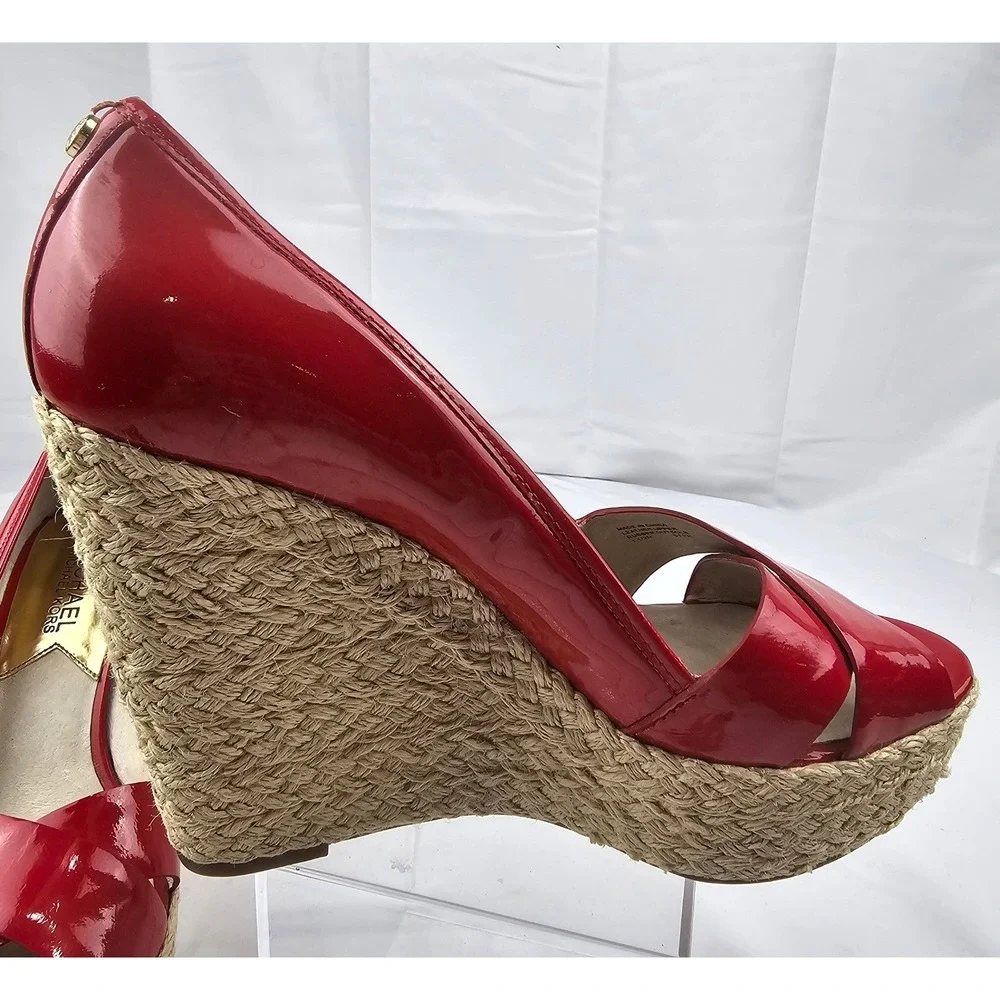 Michael Kors Red Patent Leather Espadrille Platform Wedge Heels Shoes Size 7.5
